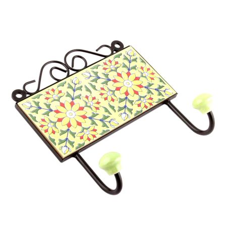 Yellow And Forest Green Leaf Ceramic Floral Tiles Hooks